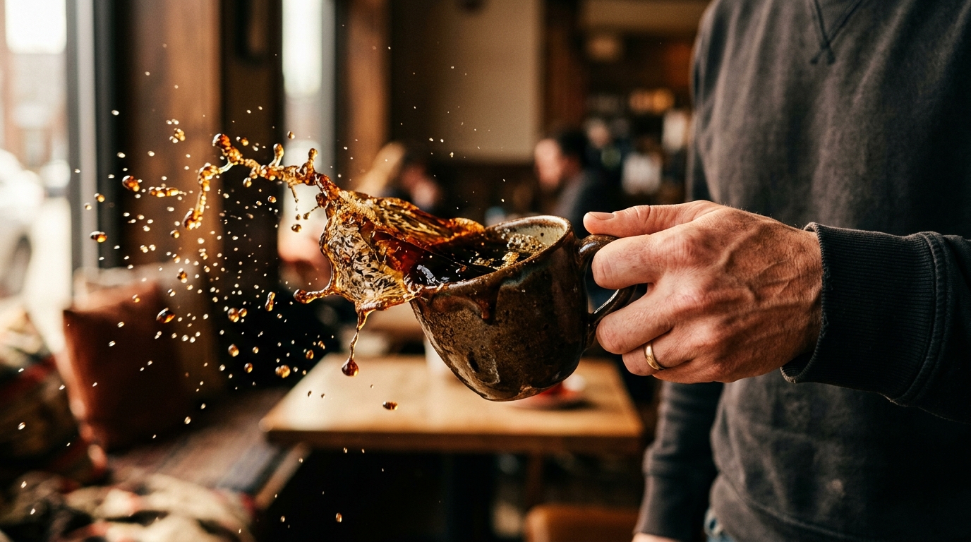 A hand holding a coffee cup, mid-spill